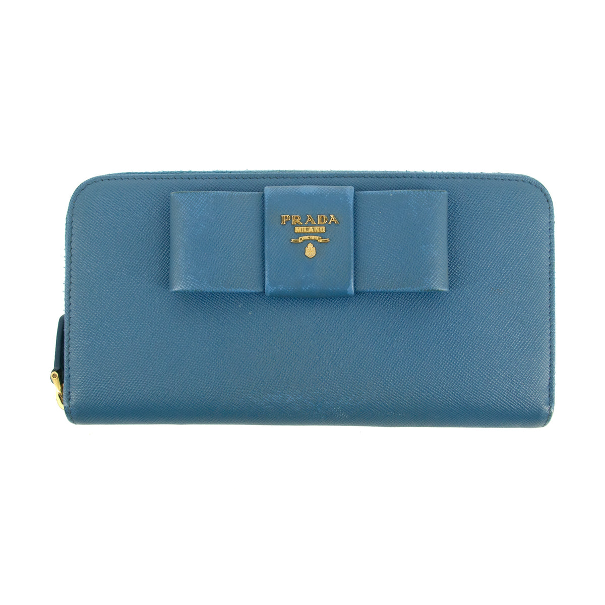 Prada Blue Saffiano Leather Long Bow Zip Around Wallet #3427