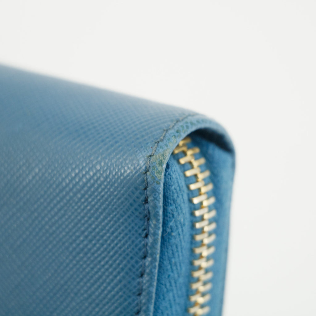 Prada Blue Saffiano Leather Long Bow Zip Around Wallet #3427