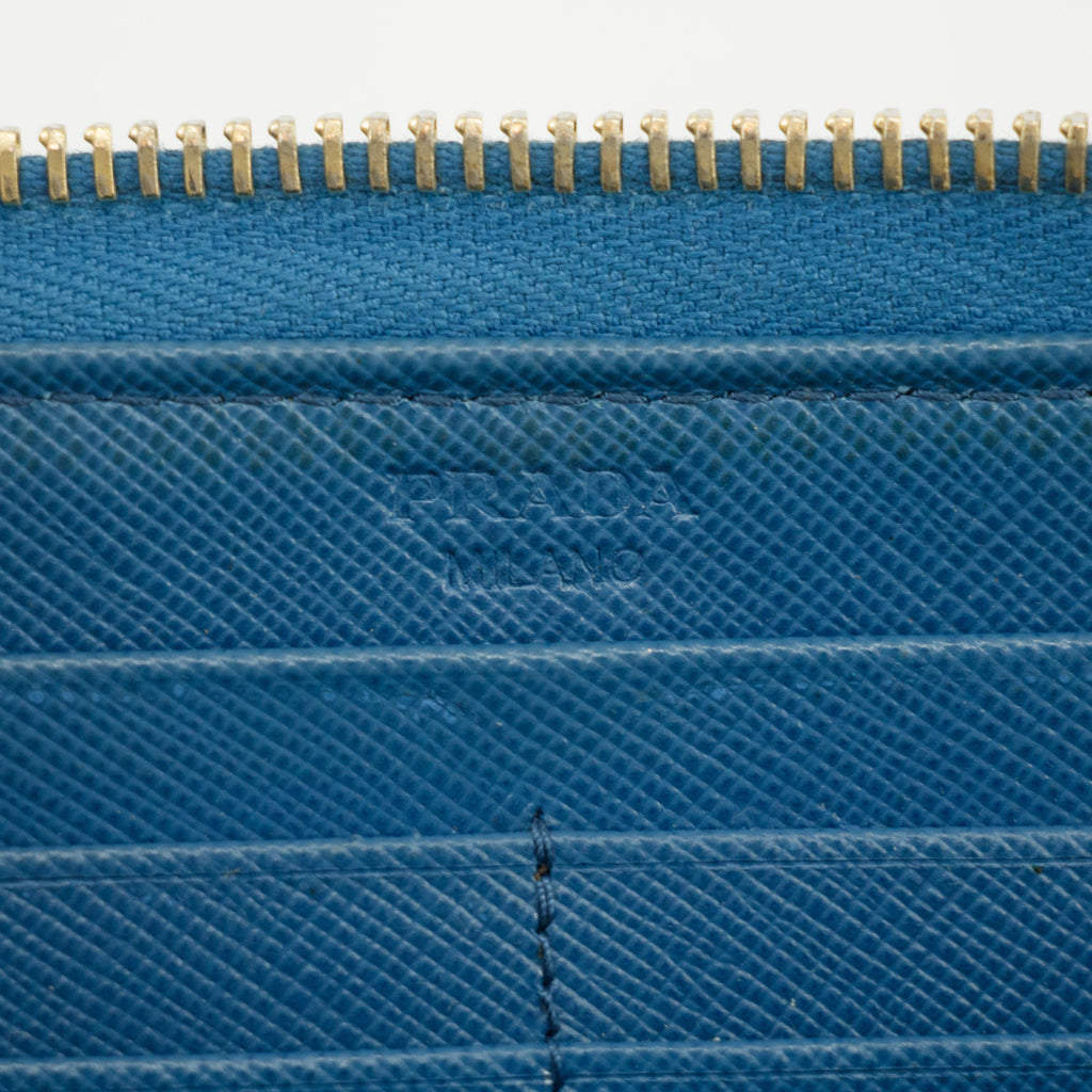 Prada Blue Saffiano Leather Long Bow Zip Around Wallet #3427