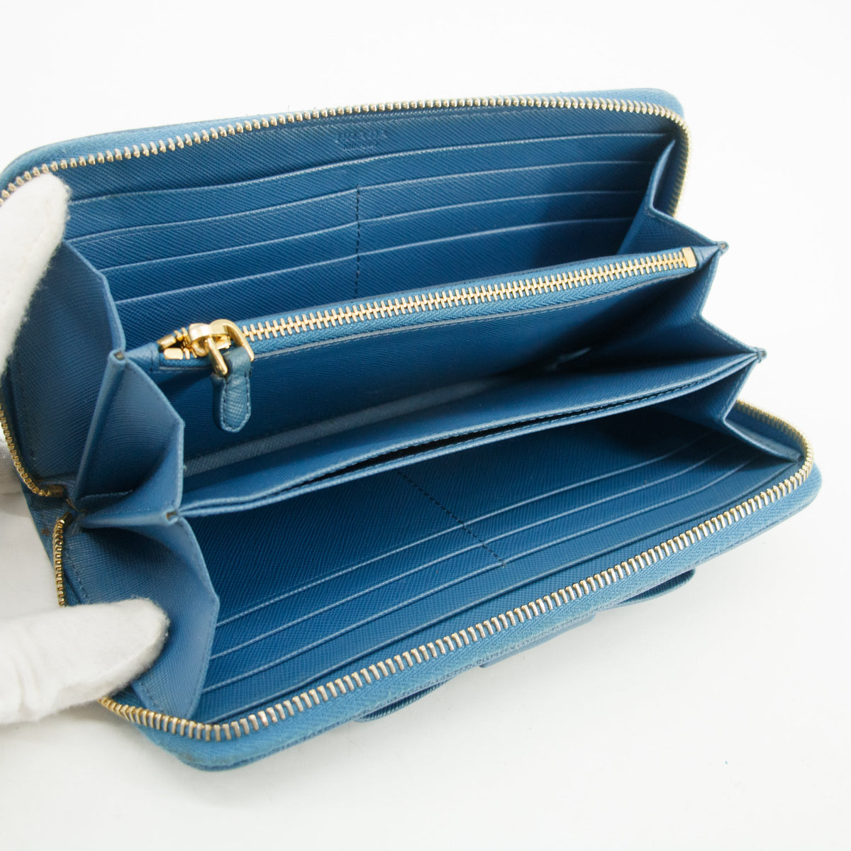 Prada Blue Saffiano Leather Long Bow Zip Around Wallet #3427