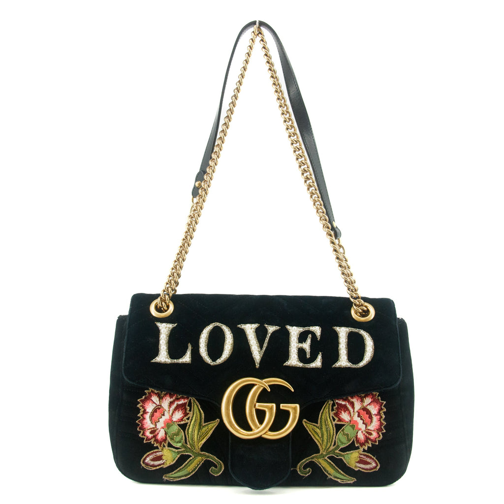 Gucci Black Velvet Loved Embroidered Marmont Shoulder Bag #6091