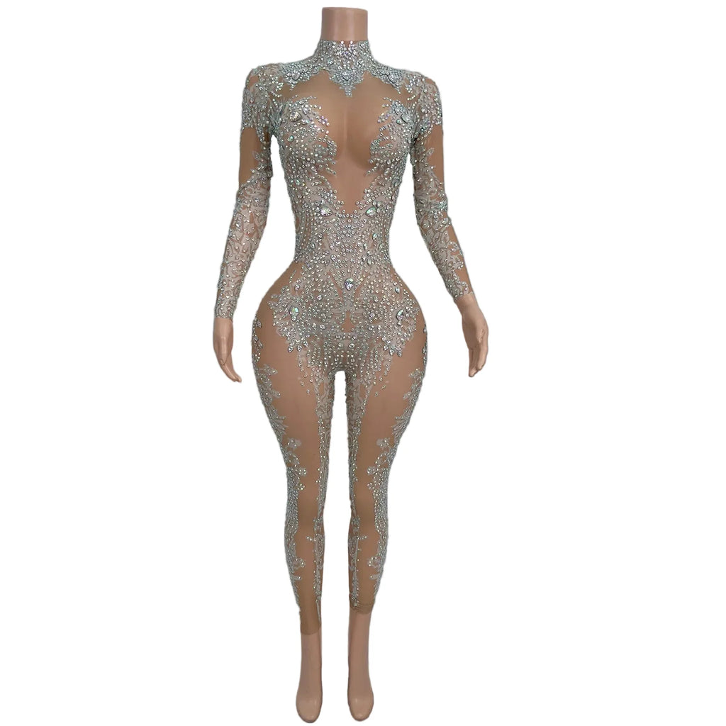 High Neck Crystal Appliqué Illusion Bodysuit
