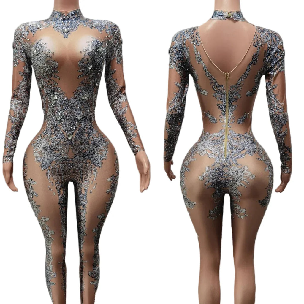 High Neck Crystal Appliqué Illusion Bodysuit