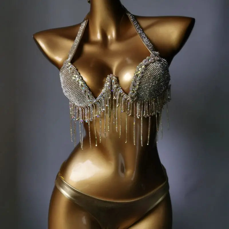 High-Fashion Crystal Mesh Bikini Set – Dazzling Rhinestone Bling Swimsuit & Showgirl Swimwear for Stage Performances & Raves
