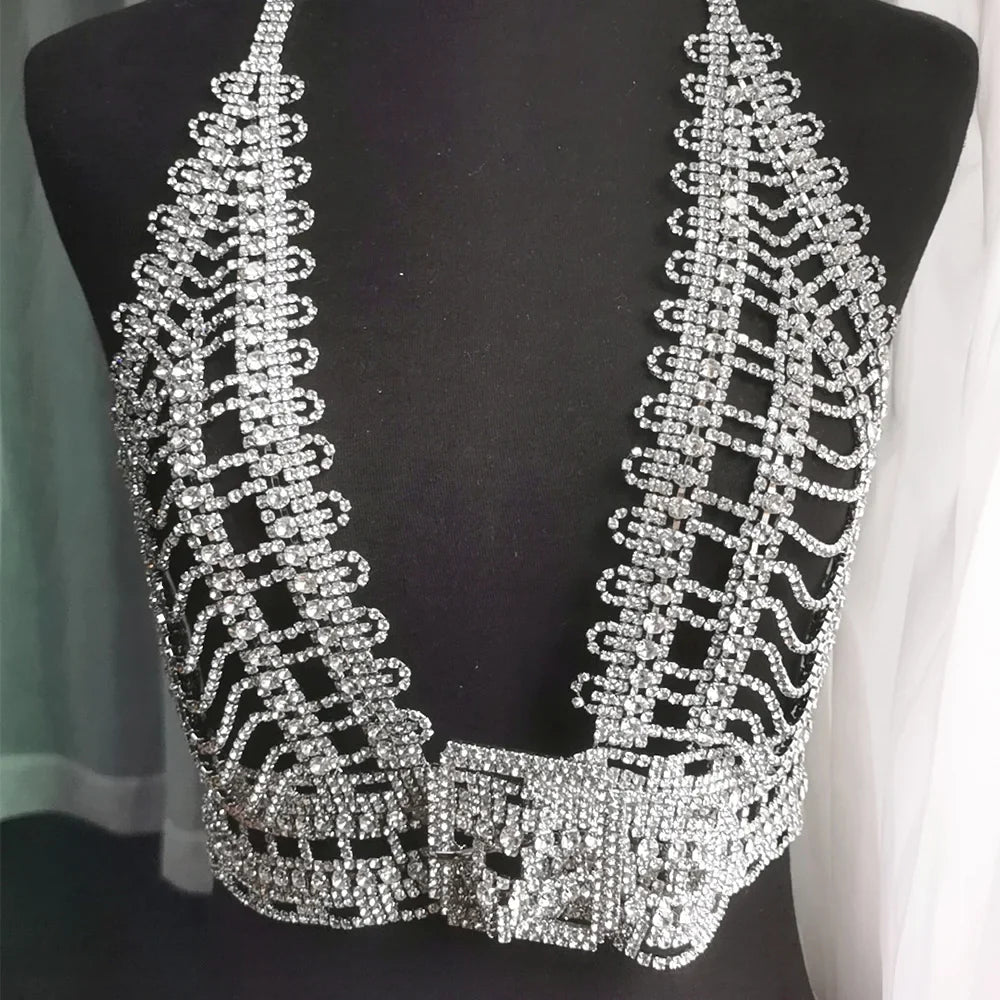 V-neck Rhinestone Crystal Halter Top